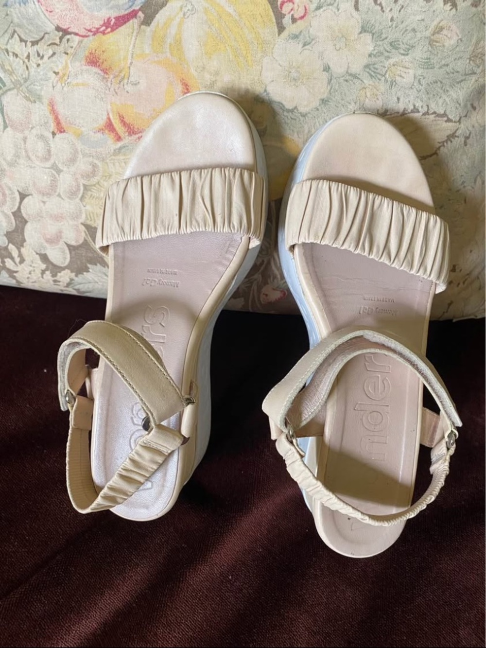 Wonders platform Ruched Strap Cream Women's Sandals with Adjustable Velcro strap